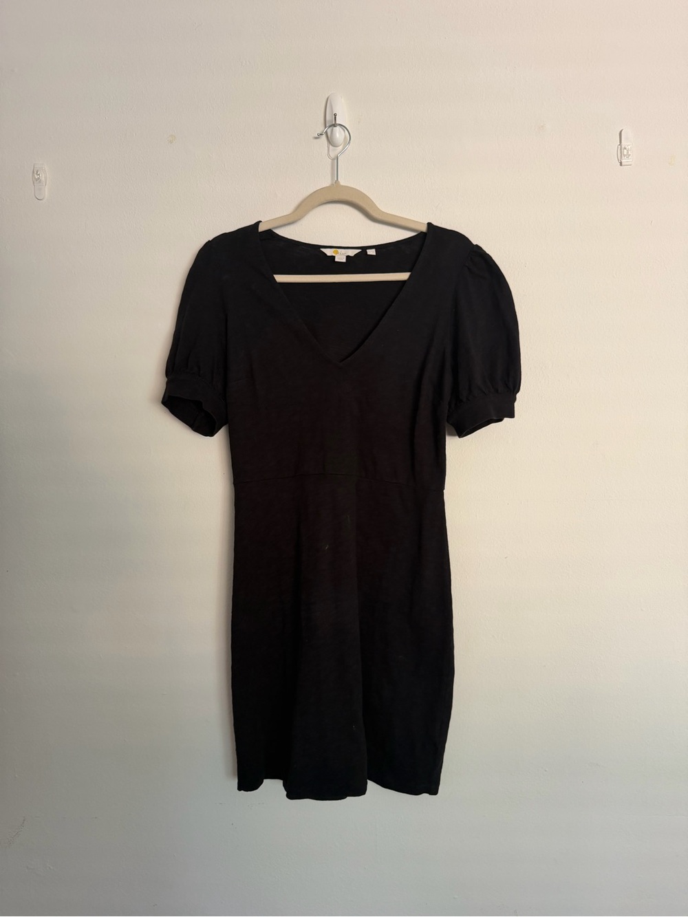 Boden Black V-Neck Midi Dress with Puff Sleeves